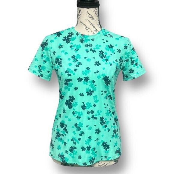 EleVen Venus Williams S Green Floral Ribbed Stretch Tee Athletic Top Tennis NWT - Picture 1 of 7
